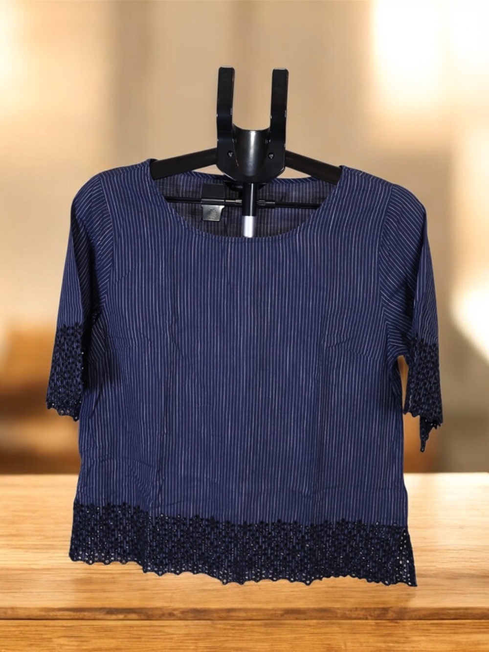 Banana Republic Womens Blue Striped Lace Trim Blouse Top Size M